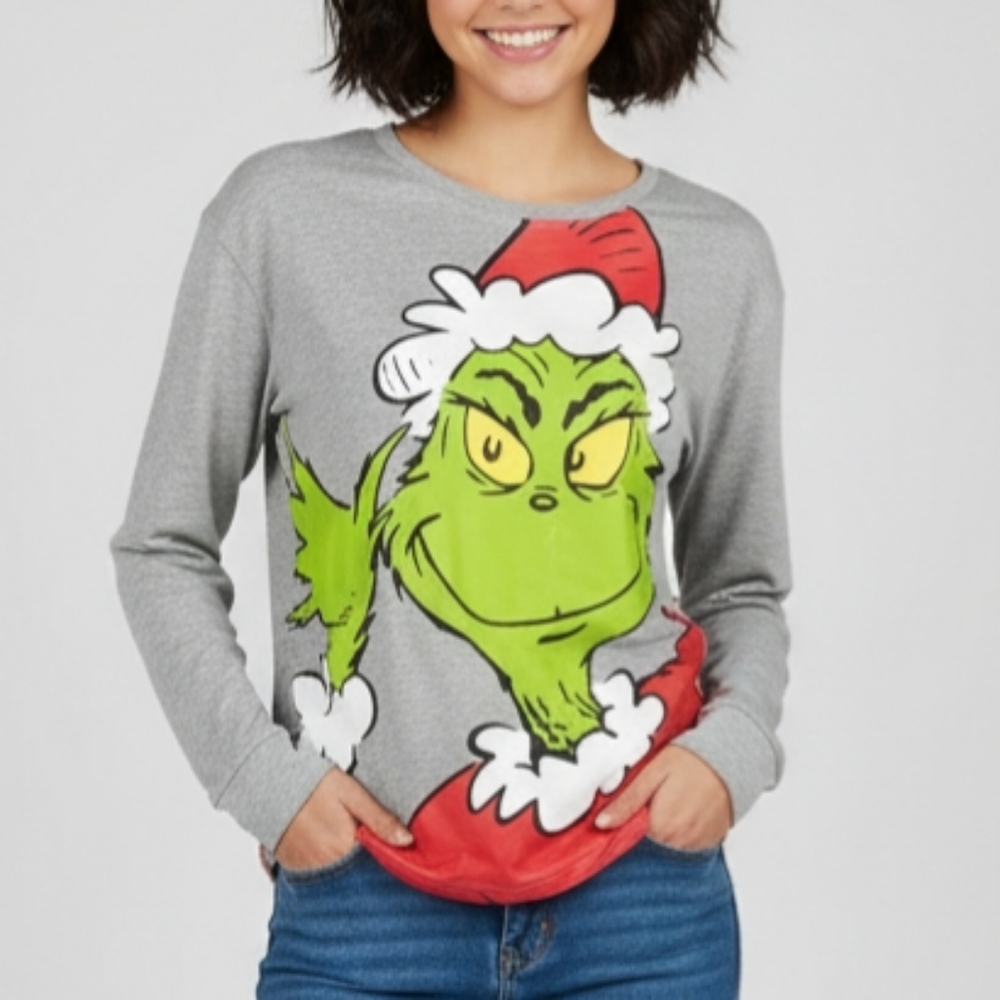 Sz S Dr. Seuss The Grinch Christmas Grey Oversized Long Sleeve Cotton Tee